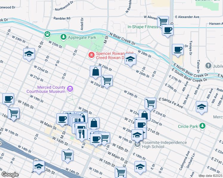 map of restaurants, bars, coffee shops, grocery stores, and more near 2306 K Street in Merced