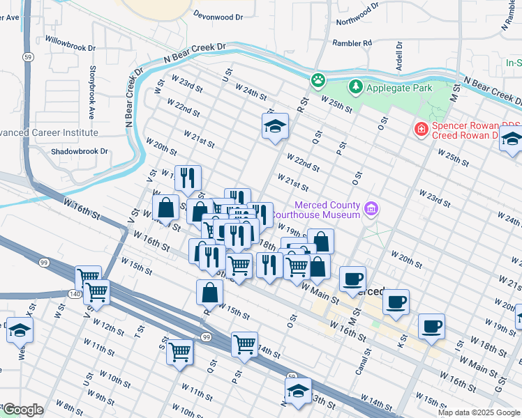map of restaurants, bars, coffee shops, grocery stores, and more near 1029 West 19th Street in Merced
