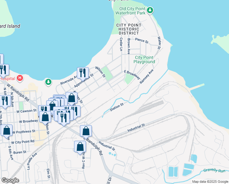 map of restaurants, bars, coffee shops, grocery stores, and more near 106 Wilson Street in Hopewell