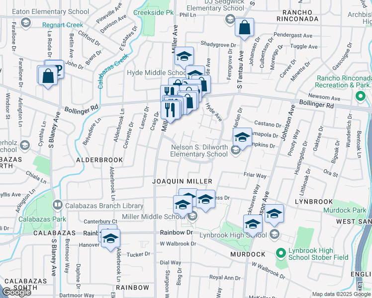 map of restaurants, bars, coffee shops, grocery stores, and more near 6148 Regency Oaks Drive in San Jose