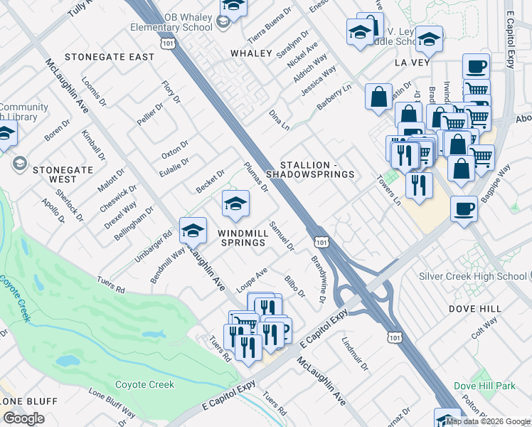 map of restaurants, bars, coffee shops, grocery stores, and more near 1367 Sylvia Drive in San Jose