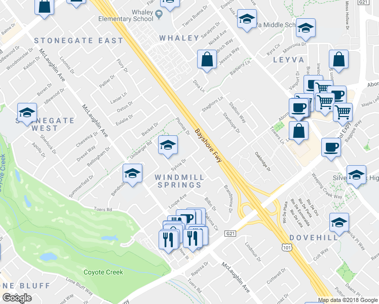map of restaurants, bars, coffee shops, grocery stores, and more near 1367 Sylvia Drive in San Jose