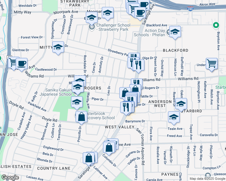 map of restaurants, bars, coffee shops, grocery stores, and more near 1102 Leo Drive in San Jose