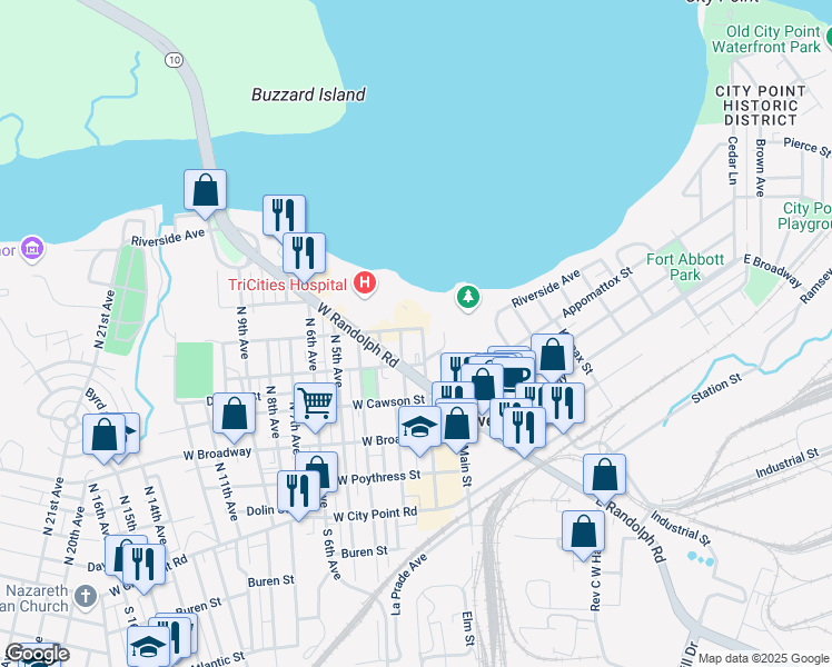 map of restaurants, bars, coffee shops, grocery stores, and more near 510 North 2nd Avenue in Hopewell
