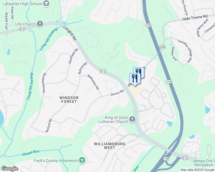 map of restaurants, bars, coffee shops, grocery stores, and more near 142 Seton Hill Road in Williamsburg