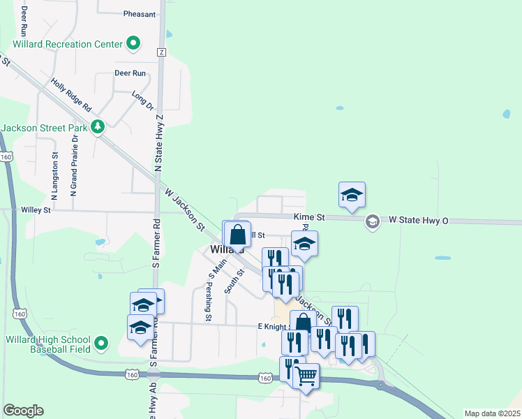 map of restaurants, bars, coffee shops, grocery stores, and more near 108 Kime Street in Willard