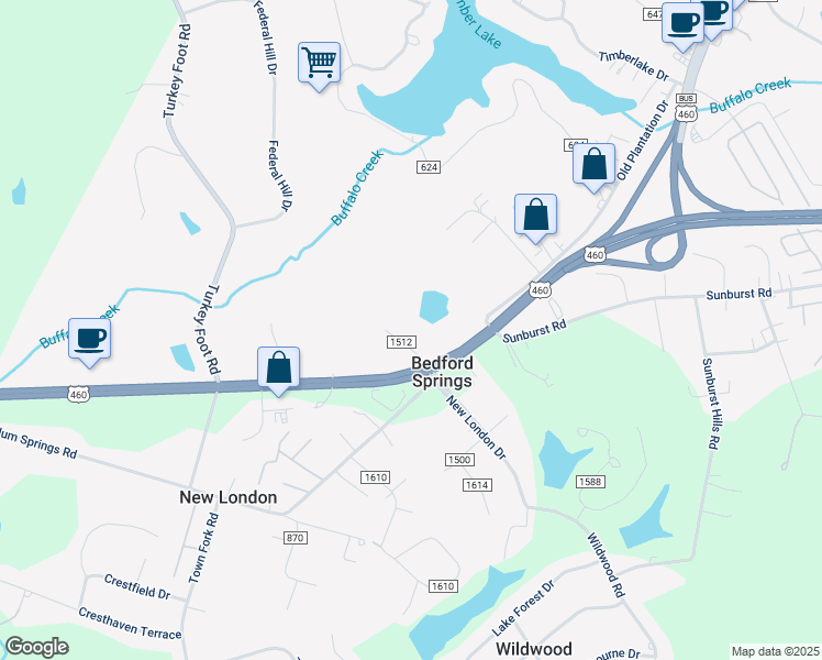 map of restaurants, bars, coffee shops, grocery stores, and more near 77 Hicks Road in Lynchburg