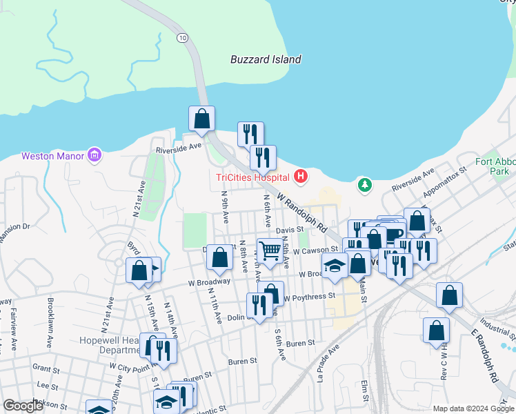 map of restaurants, bars, coffee shops, grocery stores, and more near 605 Eppes Street in Hopewell