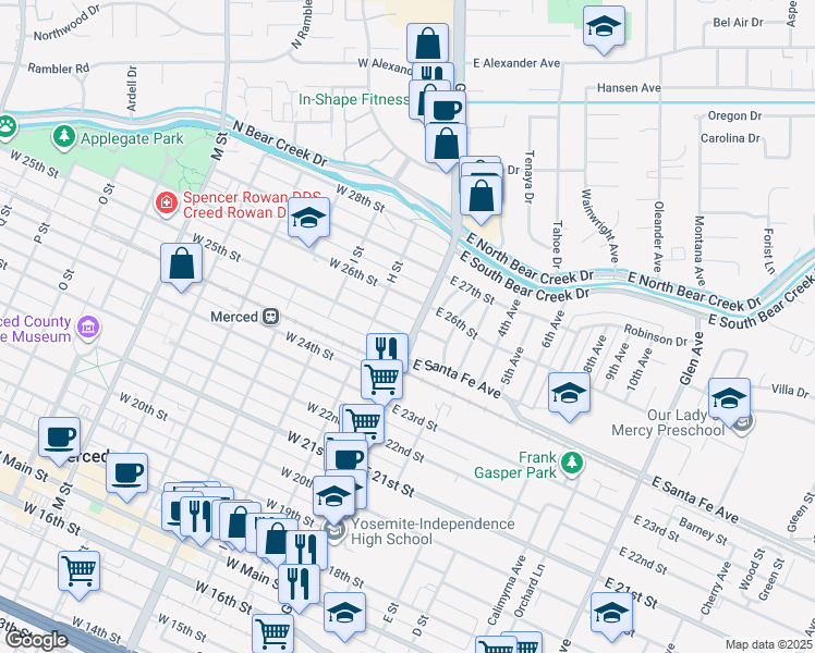map of restaurants, bars, coffee shops, grocery stores, and more near 2490 G Street in Merced