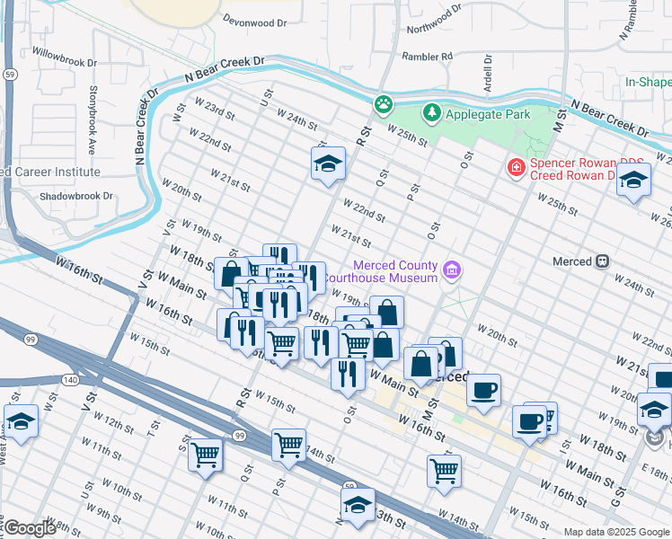 map of restaurants, bars, coffee shops, grocery stores, and more near 1920 Q Street in Merced