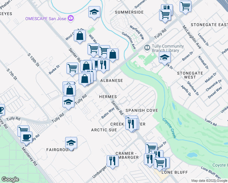 map of restaurants, bars, coffee shops, grocery stores, and more near 616 Hermes Court in San Jose