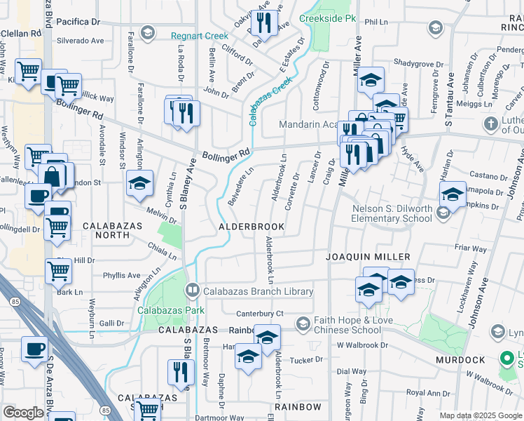 map of restaurants, bars, coffee shops, grocery stores, and more near 1079 Alderbrook Lane in San Jose
