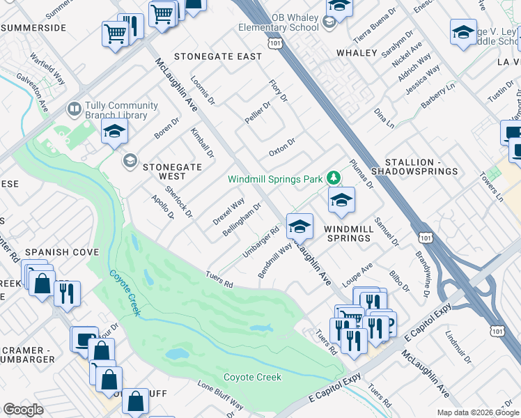 map of restaurants, bars, coffee shops, grocery stores, and more near 1138 Bellingham Drive in San Jose