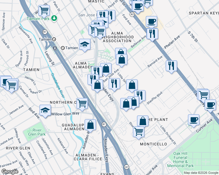 map of restaurants, bars, coffee shops, grocery stores, and more near 1680 Almaden Expy in San Jose