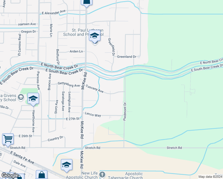 map of restaurants, bars, coffee shops, grocery stores, and more near 2503 Tuscany Avenue in Merced