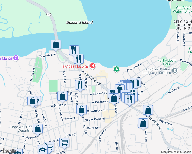 map of restaurants, bars, coffee shops, grocery stores, and more near 805 North 3 1/2 Avenue in Hopewell