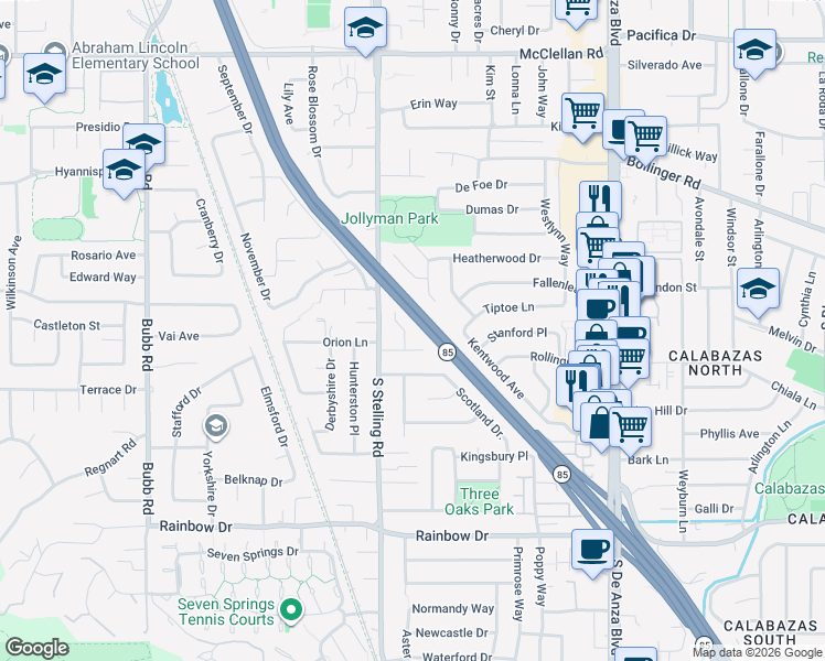 map of restaurants, bars, coffee shops, grocery stores, and more near 1060 West Hill Court in Cupertino
