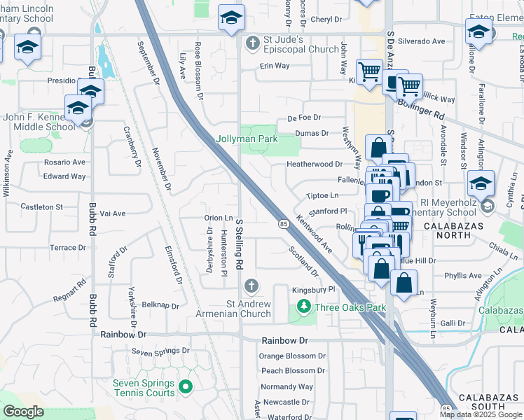 map of restaurants, bars, coffee shops, grocery stores, and more near 1060 West Hill Court in Cupertino