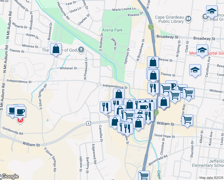 map of restaurants, bars, coffee shops, grocery stores, and more near 107 West Drive in Cape Girardeau