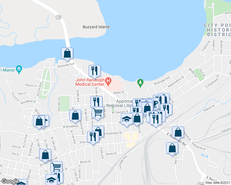 map of restaurants, bars, coffee shops, grocery stores, and more near 1107 North 3 1/2 Avenue in Hopewell