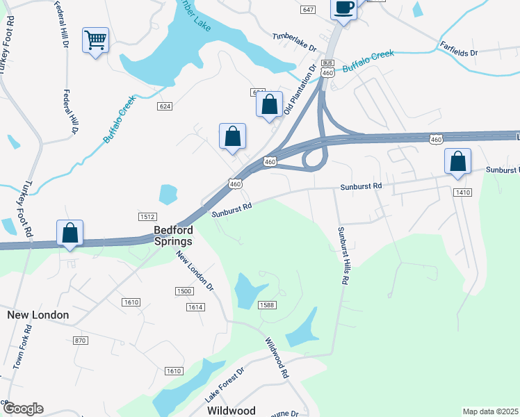 map of restaurants, bars, coffee shops, grocery stores, and more near 2474 Sunburst Road in Evington