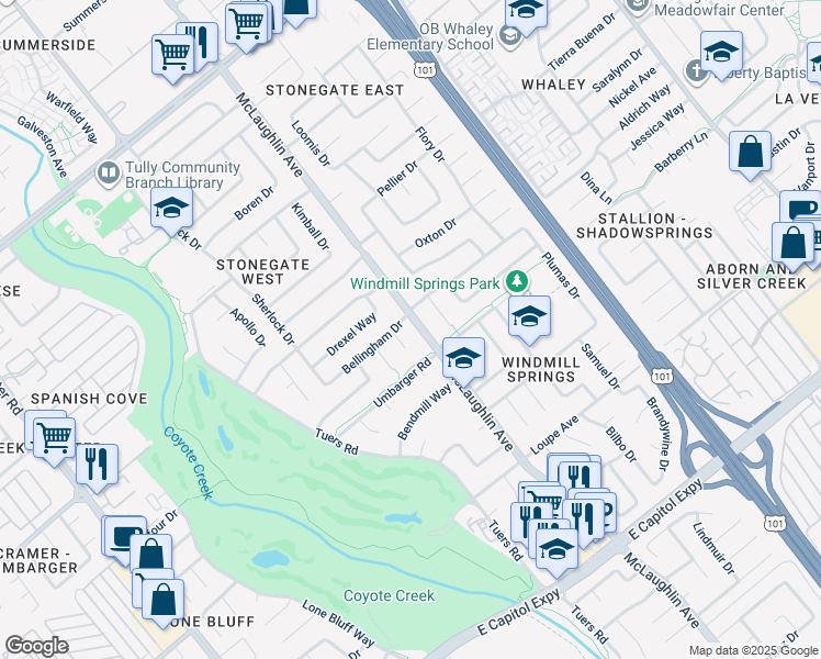 map of restaurants, bars, coffee shops, grocery stores, and more near 2773 McLaughlin Avenue in San Jose