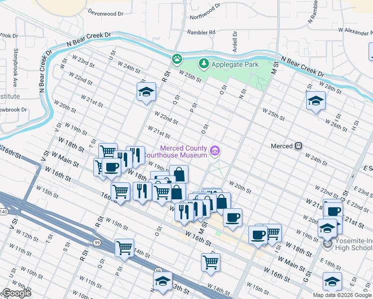 map of restaurants, bars, coffee shops, grocery stores, and more near 2026 O Street in Merced
