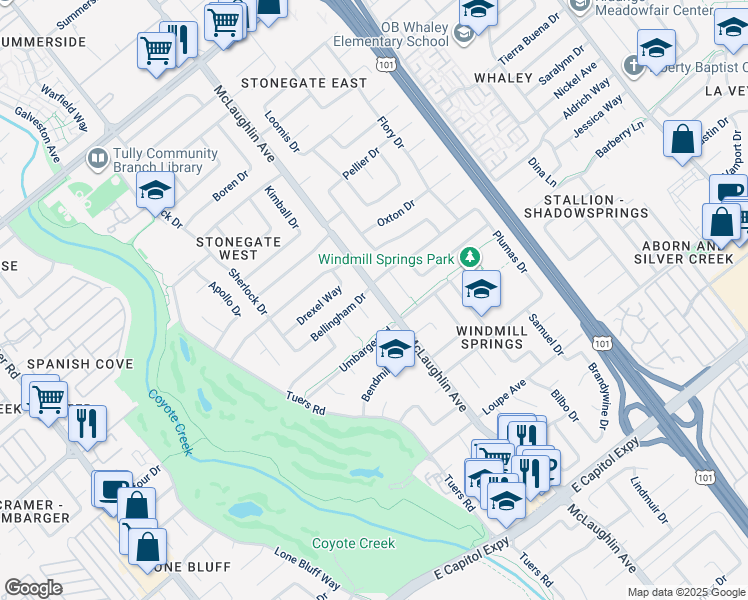 map of restaurants, bars, coffee shops, grocery stores, and more near 2773 McLaughlin Avenue in San Jose