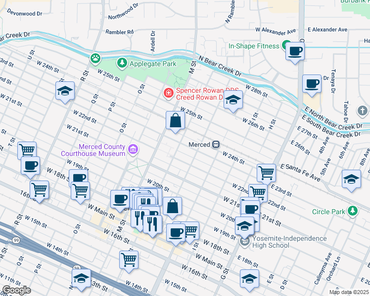 map of restaurants, bars, coffee shops, grocery stores, and more near 444 West 23rd Street in Merced