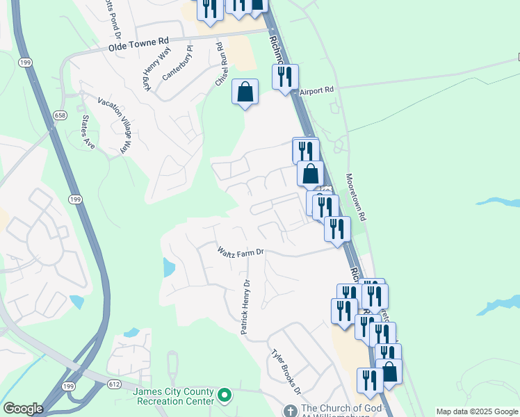map of restaurants, bars, coffee shops, grocery stores, and more near 1803 Westgate Circle in Williamsburg