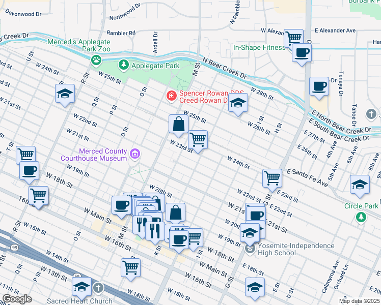 map of restaurants, bars, coffee shops, grocery stores, and more near 444 West 23rd Street in Merced
