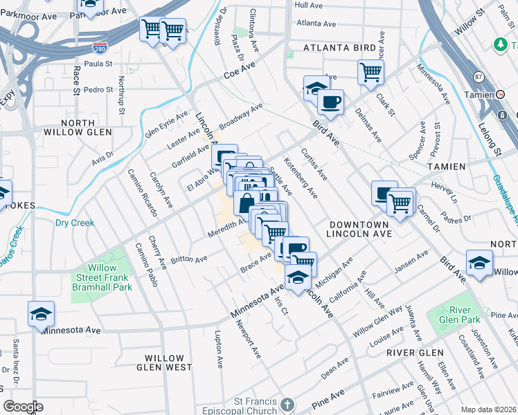 map of restaurants, bars, coffee shops, grocery stores, and more near 1226 Lincoln Avenue in San Jose