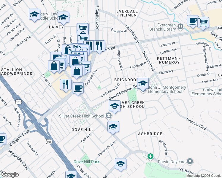 map of restaurants, bars, coffee shops, grocery stores, and more near 1854 Loch Ness Way in San Jose