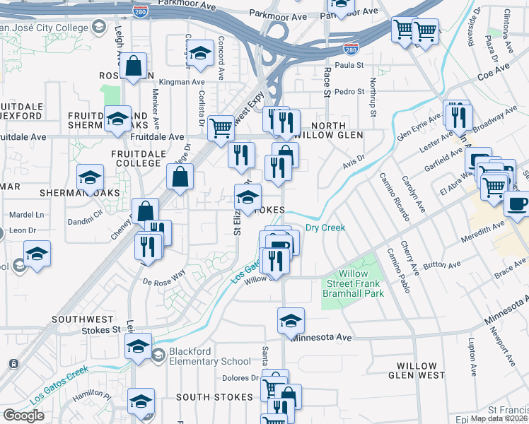 map of restaurants, bars, coffee shops, grocery stores, and more near 950 Saint Elizabeth Drive in San Jose