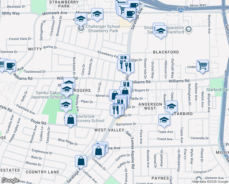 map of restaurants, bars, coffee shops, grocery stores, and more near 4418 Moran Drive in San Jose