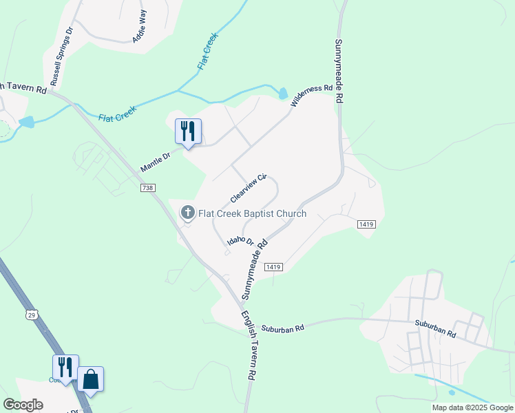 map of restaurants, bars, coffee shops, grocery stores, and more near 112 Clearview Circle in Rustburg