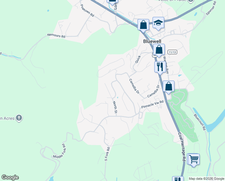 map of restaurants, bars, coffee shops, grocery stores, and more near North Street in Bluefield