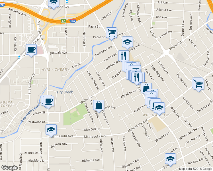 map of restaurants, bars, coffee shops, grocery stores, and more near 1197 Willow St in San Jose