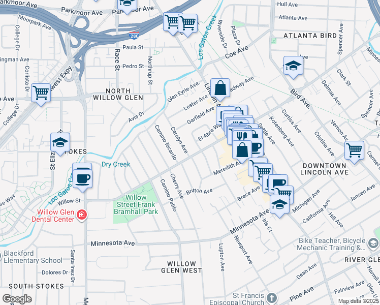 map of restaurants, bars, coffee shops, grocery stores, and more near 1197 Willow Street in San Jose