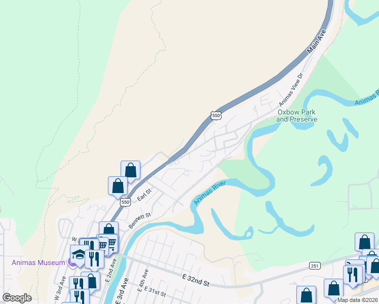 map of restaurants, bars, coffee shops, grocery stores, and more near 98 Animas View Drive in Durango