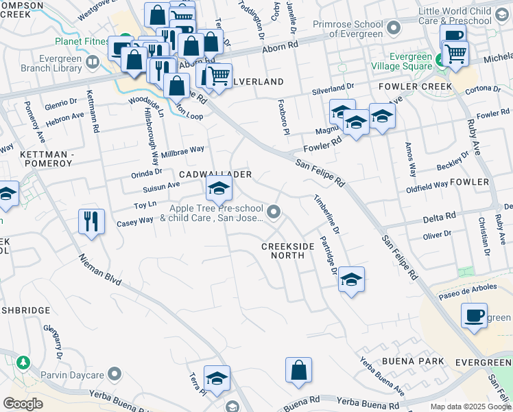 map of restaurants, bars, coffee shops, grocery stores, and more near 3912 Forestwood Drive in San Jose