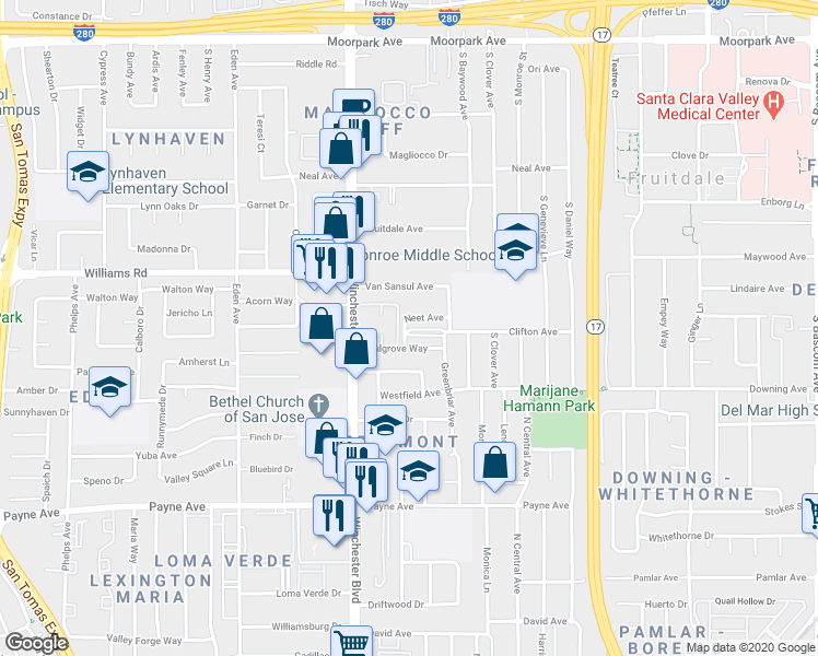 map of restaurants, bars, coffee shops, grocery stores, and more near 1056 Walgrove Way in San Jose