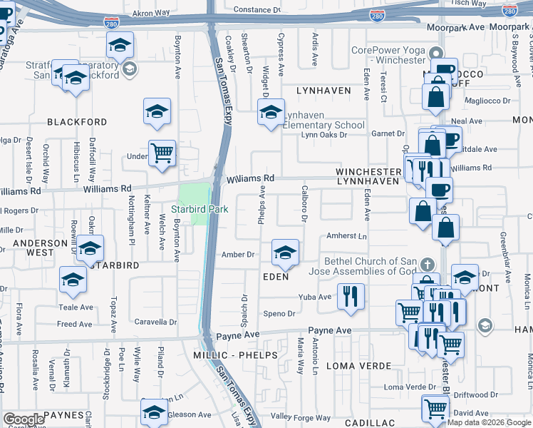 map of restaurants, bars, coffee shops, grocery stores, and more near 1055 Woodbine Way in San Jose