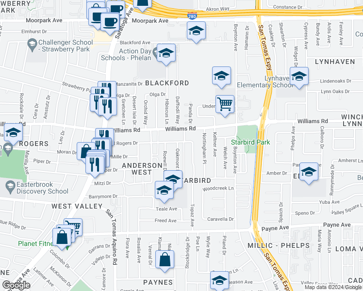 map of restaurants, bars, coffee shops, grocery stores, and more near 1082 Oakmont Drive in San Jose