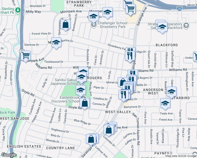 map of restaurants, bars, coffee shops, grocery stores, and more near 4592 Moran Drive in San Jose