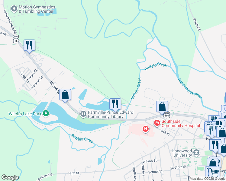 map of restaurants, bars, coffee shops, grocery stores, and more near High Bridge Trail in Farmville