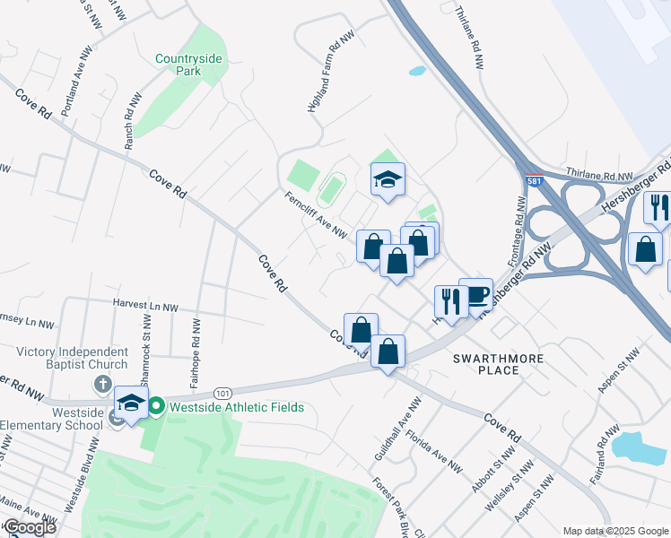 map of restaurants, bars, coffee shops, grocery stores, and more near 3451 Cove Road in Roanoke