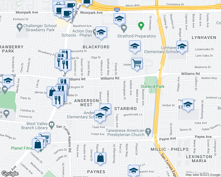 map of restaurants, bars, coffee shops, grocery stores, and more near 1082 Oakmont Drive in San Jose