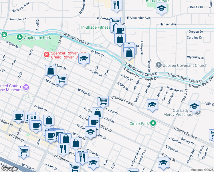 map of restaurants, bars, coffee shops, grocery stores, and more near 27 West 25th Street in Merced