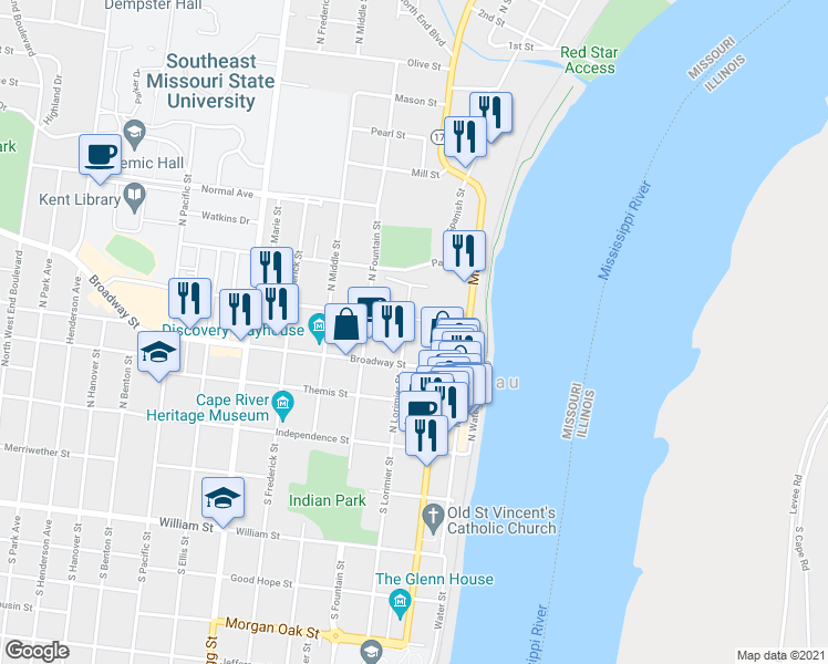 map of restaurants, bars, coffee shops, grocery stores, and more near 234 North Lorimier Street in Cape Girardeau